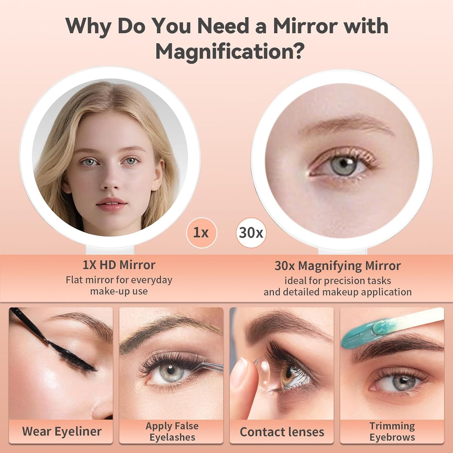 Makeup Mirror with Lights - 1X/30X Magnifying Double-Sided | Adjustable 3 Color Light, Rechargeable 2000mAh