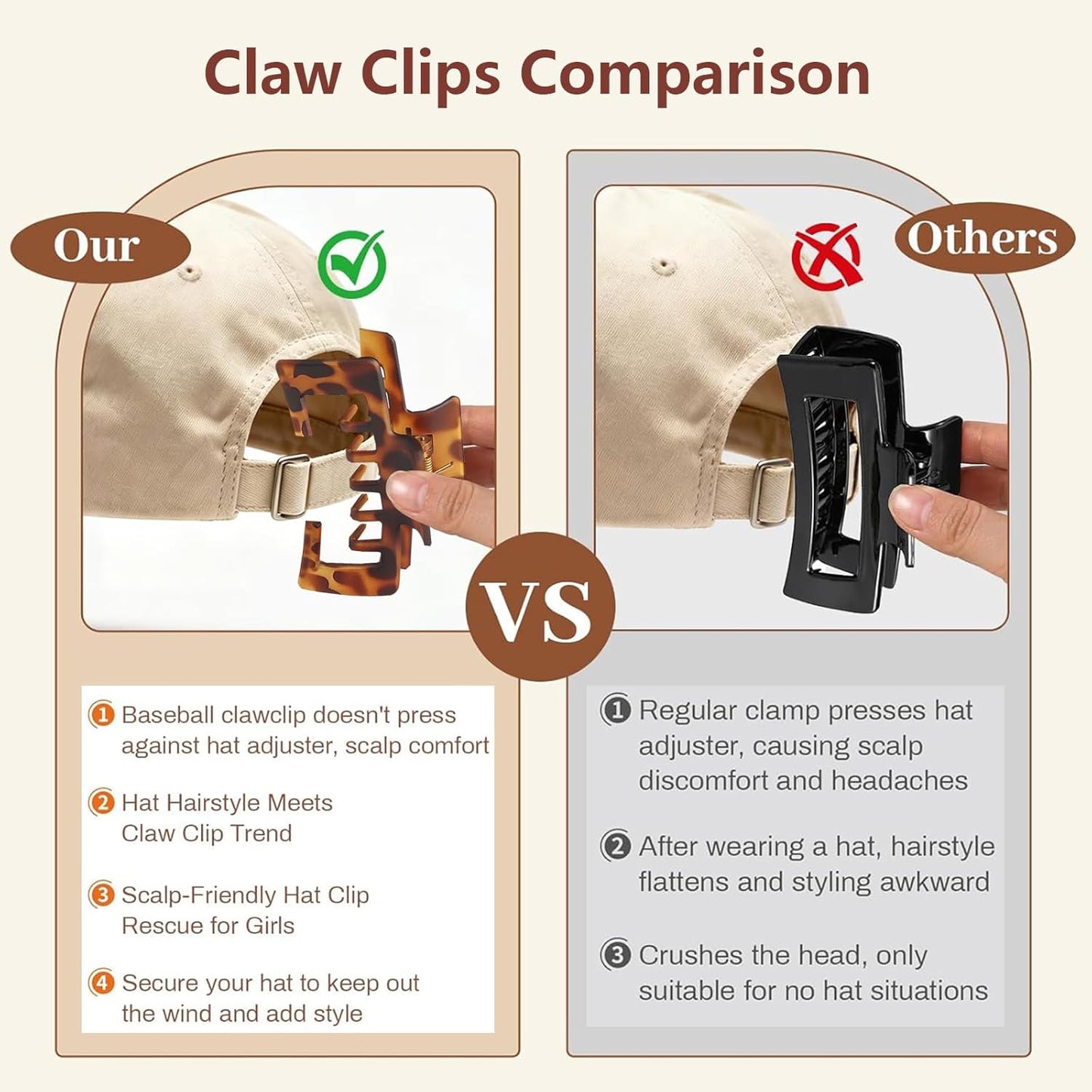 Hat-Friendly Claw Clips for Baseball Caps - 4 Pack Strong Hold Matte Tortoise Hair Accessories for Women | Perfect for Thick or Thin Hair
