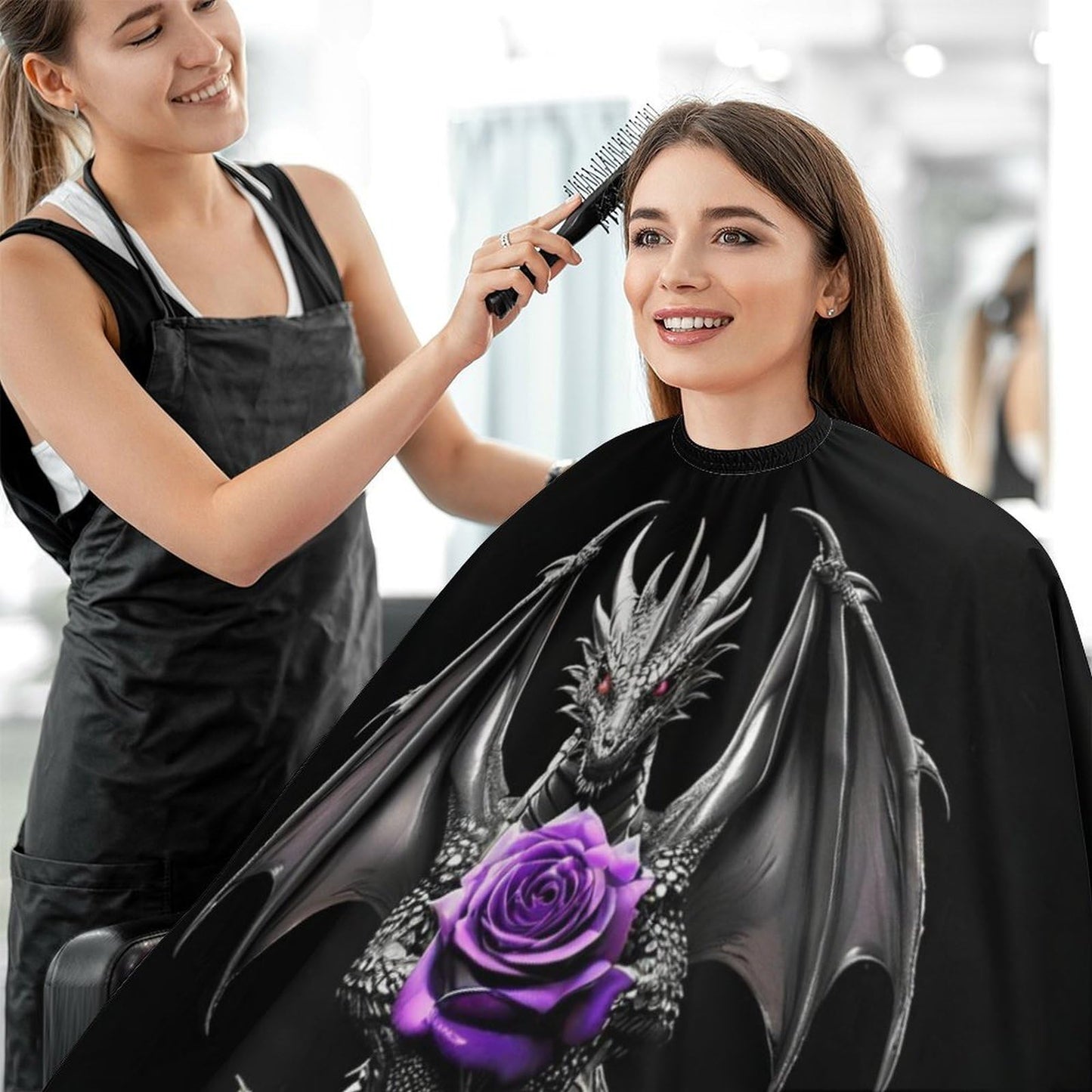 Fashion Professional Hair Cutting Cape with Adjustable Closure, Cool Dragon Purple Rose Black Barber Cape