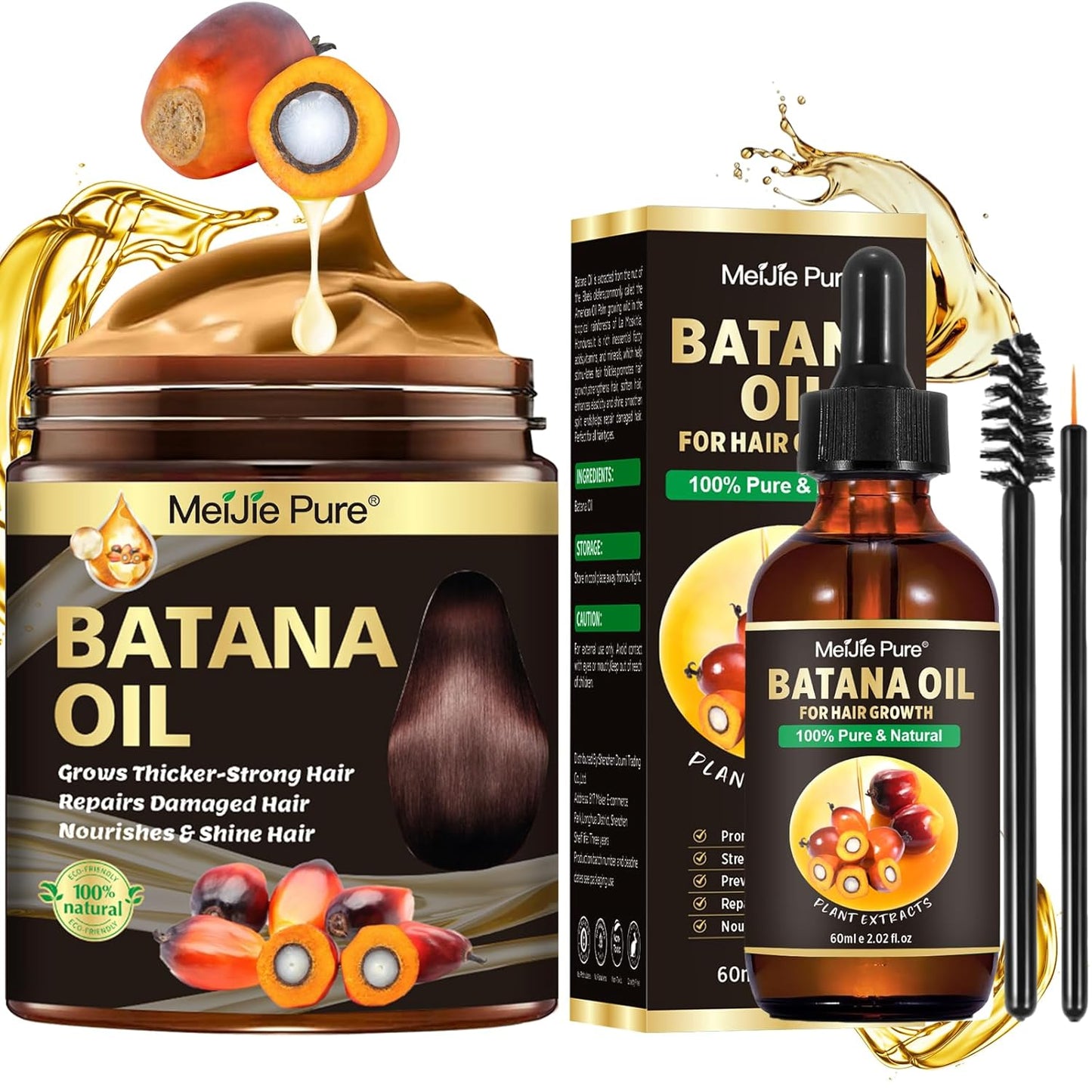 Batana Oil for Hair Growth - 4Pc Set with Hair Mask, Lash Wand & Brow Brush | Promotes Thickness & Prevents Hair Loss