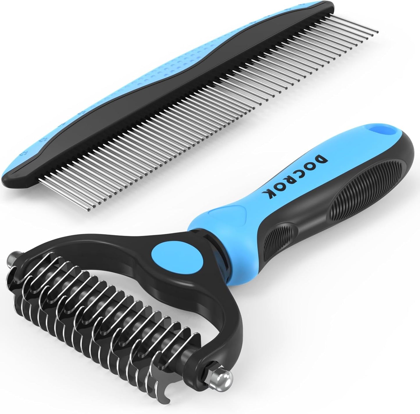 Pet Grooming Combo - Blue Deshedding Brush & Metal Comb for Detangling Long Matted Fur | Ideal for Cats & Dogs