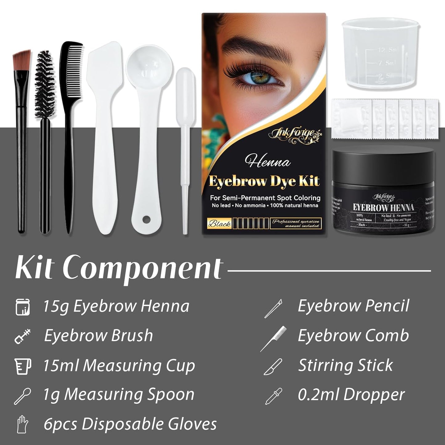 Henna Eyebrow Tint Kit - Natural Black Semi-Permanent Brow Color | Waterproof & Smudge-Proof Dye for Home & Salon (15g)