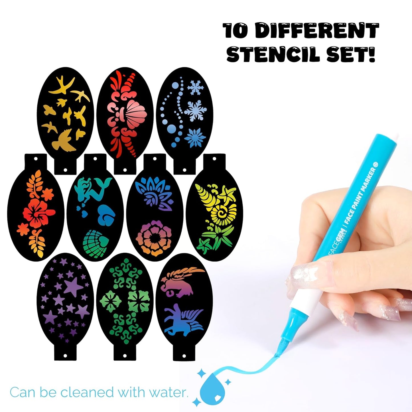 Water-Based Face Paint Kit - 12 Vibrant Colors, Fast-Drying & Washable | Mess-Free Stencils for Festivals & Parties