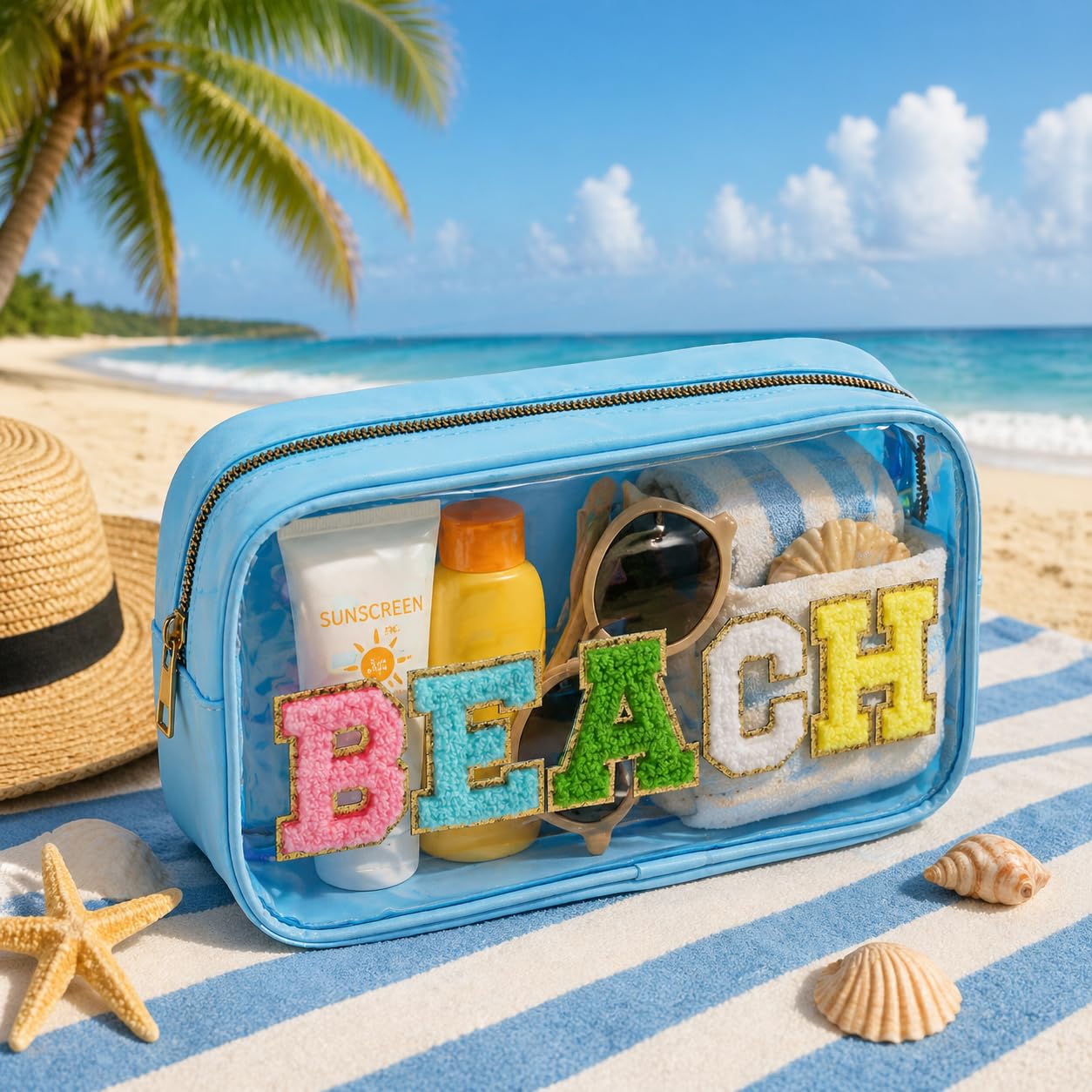 TRIP TIGER Women Clear Beach Makeup Bag with Chenille Letters-PVC Waterproof Visible Cosmetic Sunscreen Organizer for Pool, Swimming & Travel, Trendy Toiletry SPF Pouch
