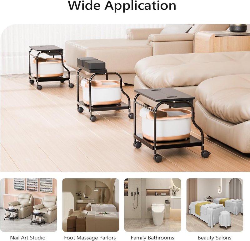 Beauty Salon Foot Bath Cart - Mobile Pedicure Trolley with Lockable Wheels & Storage Shelves | Black