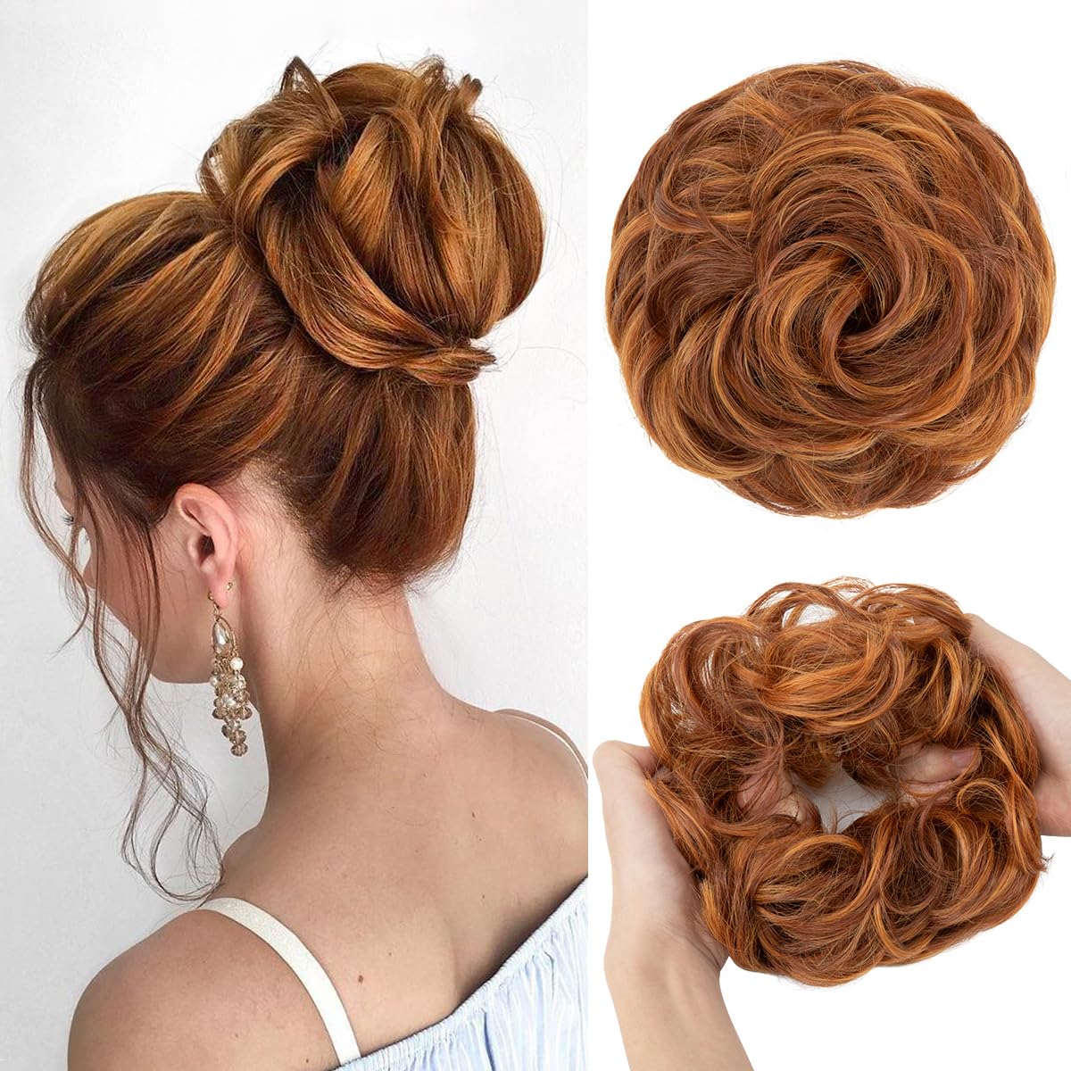Large Messy Bun Hair Piece - Wavy Curly Synthetic Chignon Ponytail Extensions | Thick Updo in Light Auburn
