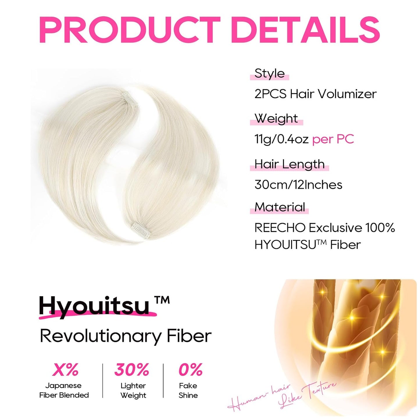 REECHO Clip In Hair Volumizer - 12 Inch Thick Hairpieces for Extra Volume | Platinum Blonde