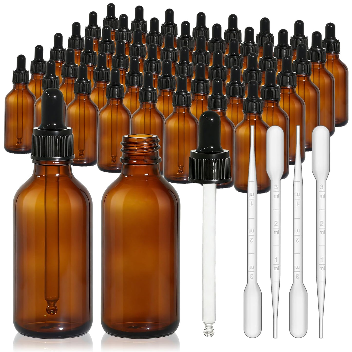 turvono 48 Pack 2oz Amber Glass Dropper Bottles, 60ml Leakproof Eye Dropper Bottles with Glass Droppers for Essential Oils, Tinctures, Serum, Hair Oil & Travel Liquids
