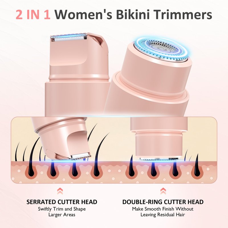 SUNVIVI Bikini Trimmer for Women: IPX6 Waterproof Dual Head Pubic Razor, Painless Face Shaver Body Trimmer, Portable Hair Removal Kit for Bikini Underarm Leg Arm Body Face, Pink