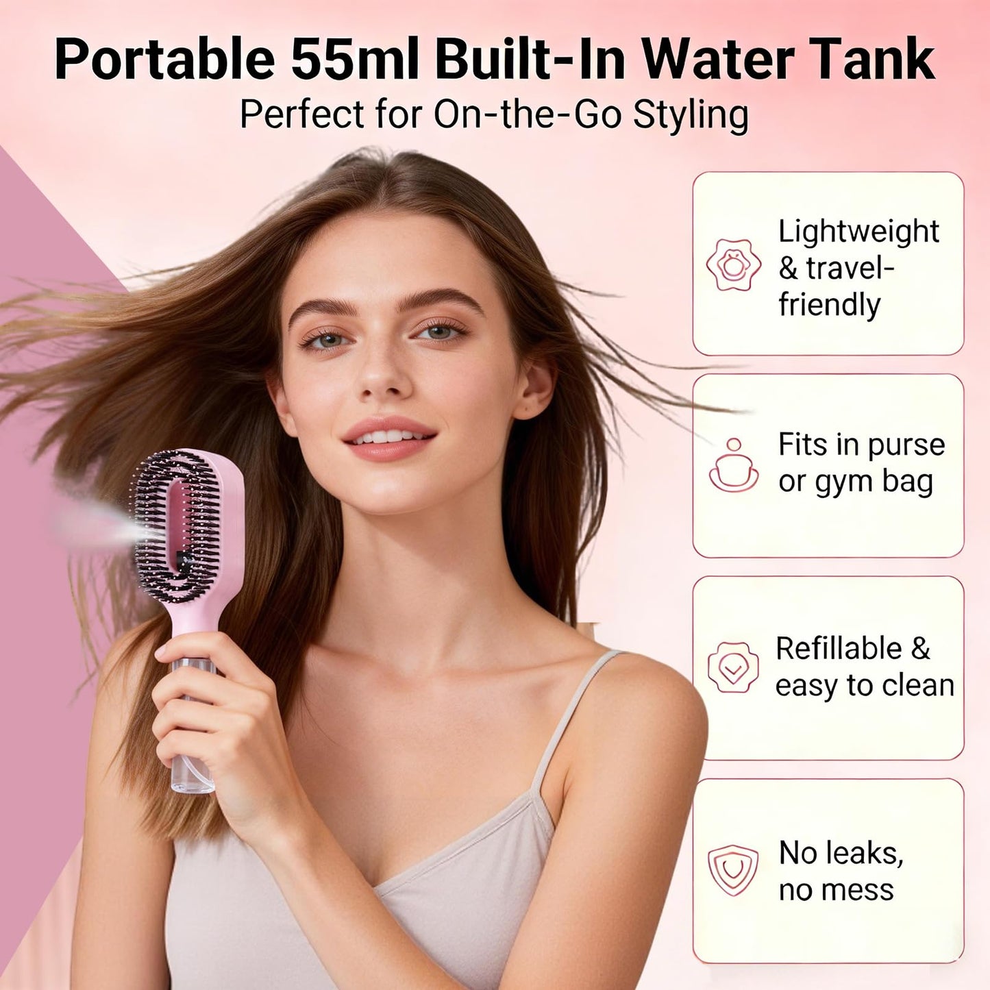 Hair Brush with Water Spray - 2-in-1 Detangling Brush with Built-in Mister Spray, 50ml Portable Spray Hair Brush for Wet & Dry Frizz-Free Styling, Women Girls & Kids(1 Kaki)