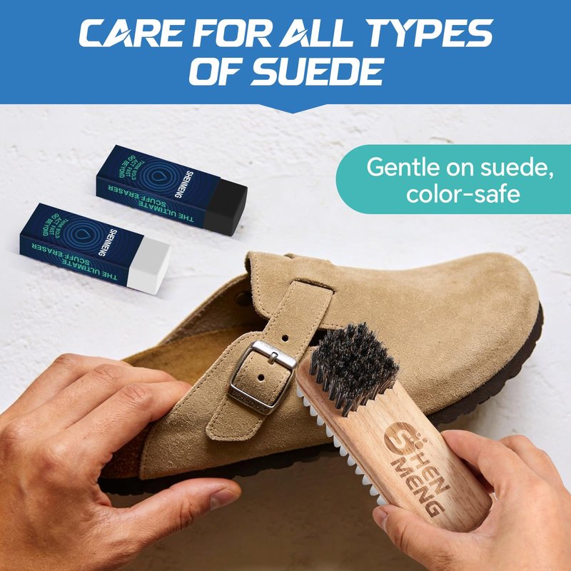 SHENMENG Suede & Nubuck Cleaner Kit, 2-in-1 Suede Brush & Horsehair Brush, White/Black Cleaning Eraser Block - Eliminate Stains, Remove Spots, Restore Nap, for Leather Shoes, Boots, Bags, Clothes