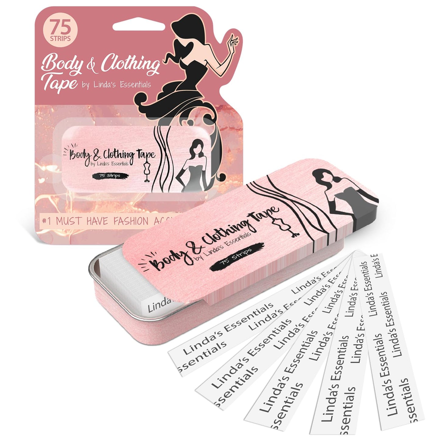 Double Sided Tape for Clothes, Body and Fashion (75 Strips) | Clothing and Hem Tape for Women, No Sew No Iron Fabric Adhesive, Strong Adhesive for Skin for All Shades and Sensitivity, Includes Tin Box
