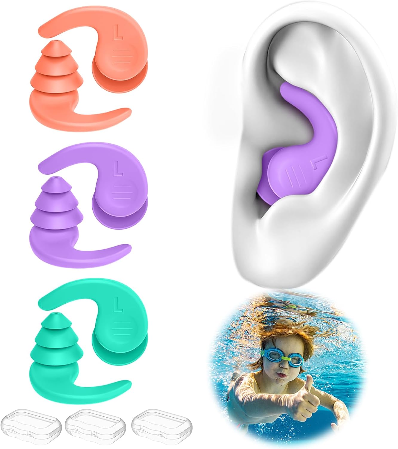 Swimming Ear Plugs - Waterproof Reusable Silicone for Adults | 3 Pairs for Swimming, Surfing & Showering