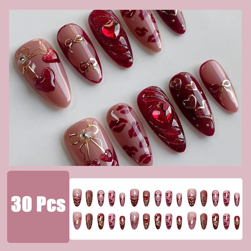 Valentine's Press-On Nails - 30pcs Medium Almond with 3D Red Heart & Glitter Designs | Full Cover Red French Tips