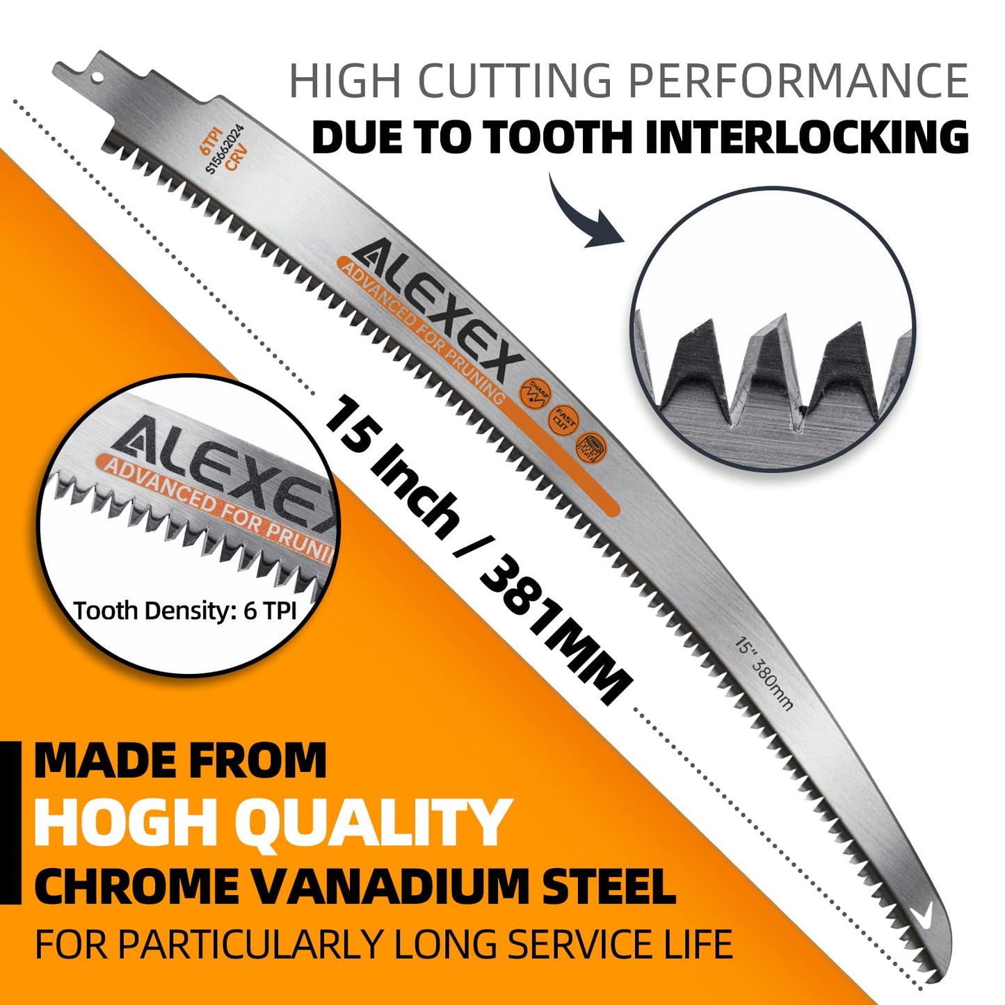 ALEXEX 6Pcs 15" Japanese Teeth Reciprocating Saw Blades for Wood Cutting and Tree Trimming, 6TPI Arc Curved Wood Sawzall Blades for PVC Pipe Cutting, Cr-V Sabre Sawzall Pruning Blades 15 Inch