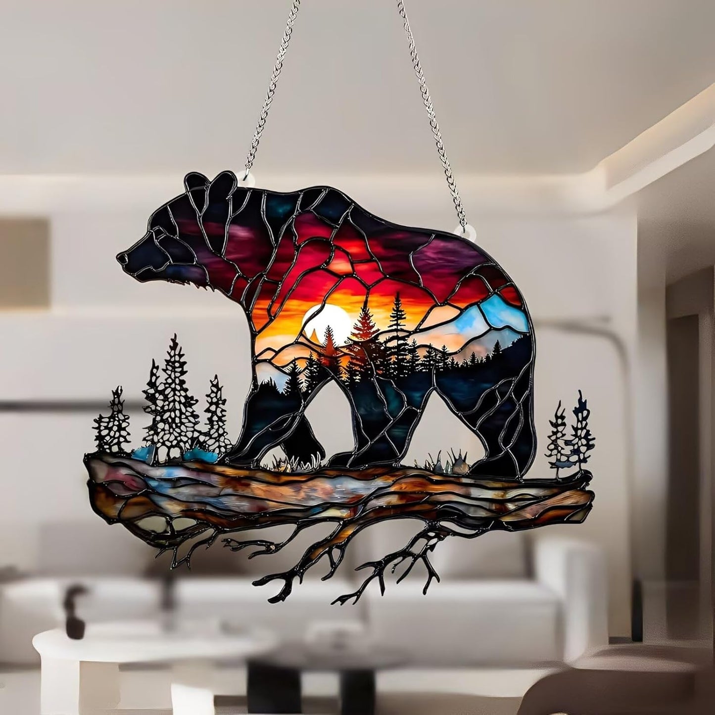 Bear on Branch Acrylic Suncatcher - 7.08 Inch Stained Glass Style Window Decor | Rainbow Maker Wall Art & Garden Ornament