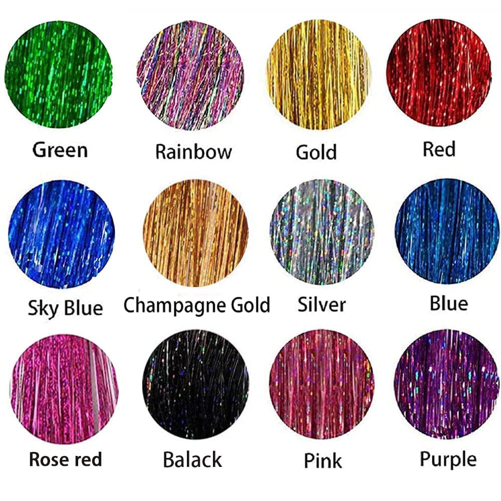 Hair Tinsel Kit - 12 Color Sparkling Heat-Resistant Tinsel Extensions | 48-Inch Strands for Fairy Hair