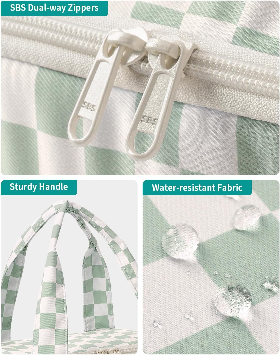 Checkered Travel Toiletry Bag - Large Makeup Organizer with Handle | Mint Green Checkerboard