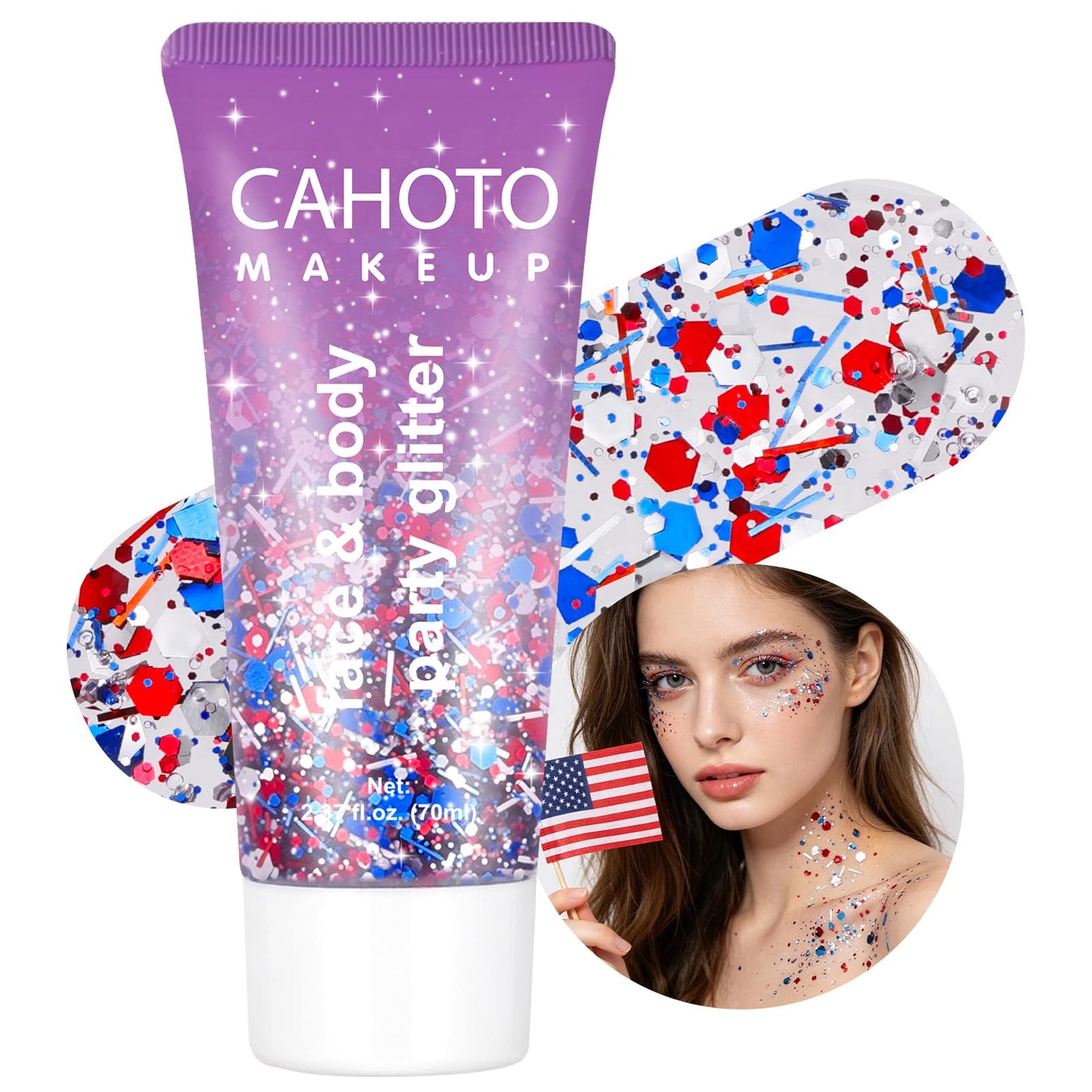 CAHOTO Flag Hex Strip Glitter Gel, Red White Blue Hexagon Strip, Patriotic Pride USA Flag Sparkling Sequins for Independence Day 4th of July Memorial Day Semiquincentennial 250 Anniversary, 70ml