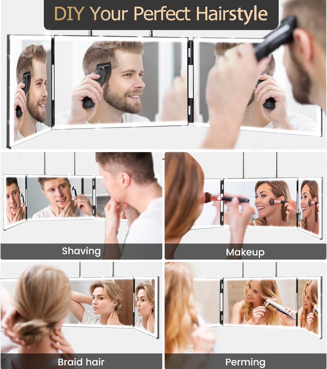 XIGETRAIL Rechargeable 3-Way Mirror - 8 LED Light Strips & Telescoping Hooks for Hair Cutting, Makeup, & Styling