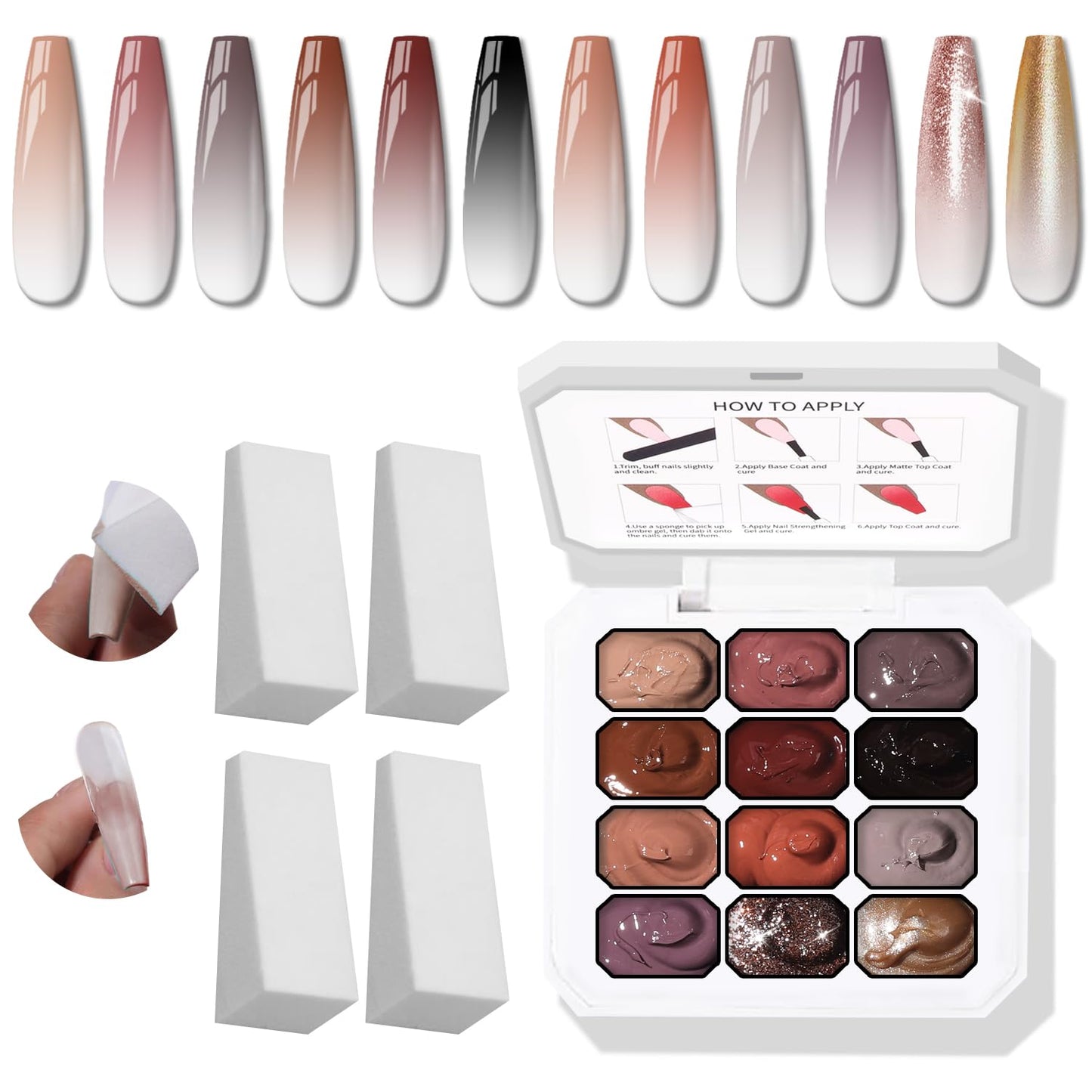 Sponge Pat Gel Nail Polish Palette - 12 Colors Ombre Gradient Art | No Wipe, UV/LED Cured