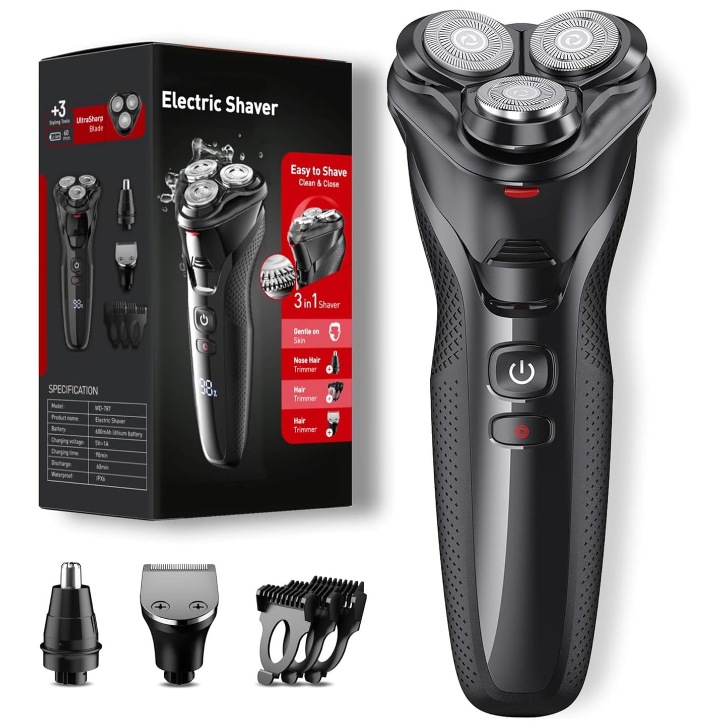 rategist 3-in-1 Electric Razor for Men: IPX7 Waterproof Electric Shavers for Men - One Touch Acceleration, Professional Results at Home - 4D Floating Blades, Travel Grooming Kit,Light Black