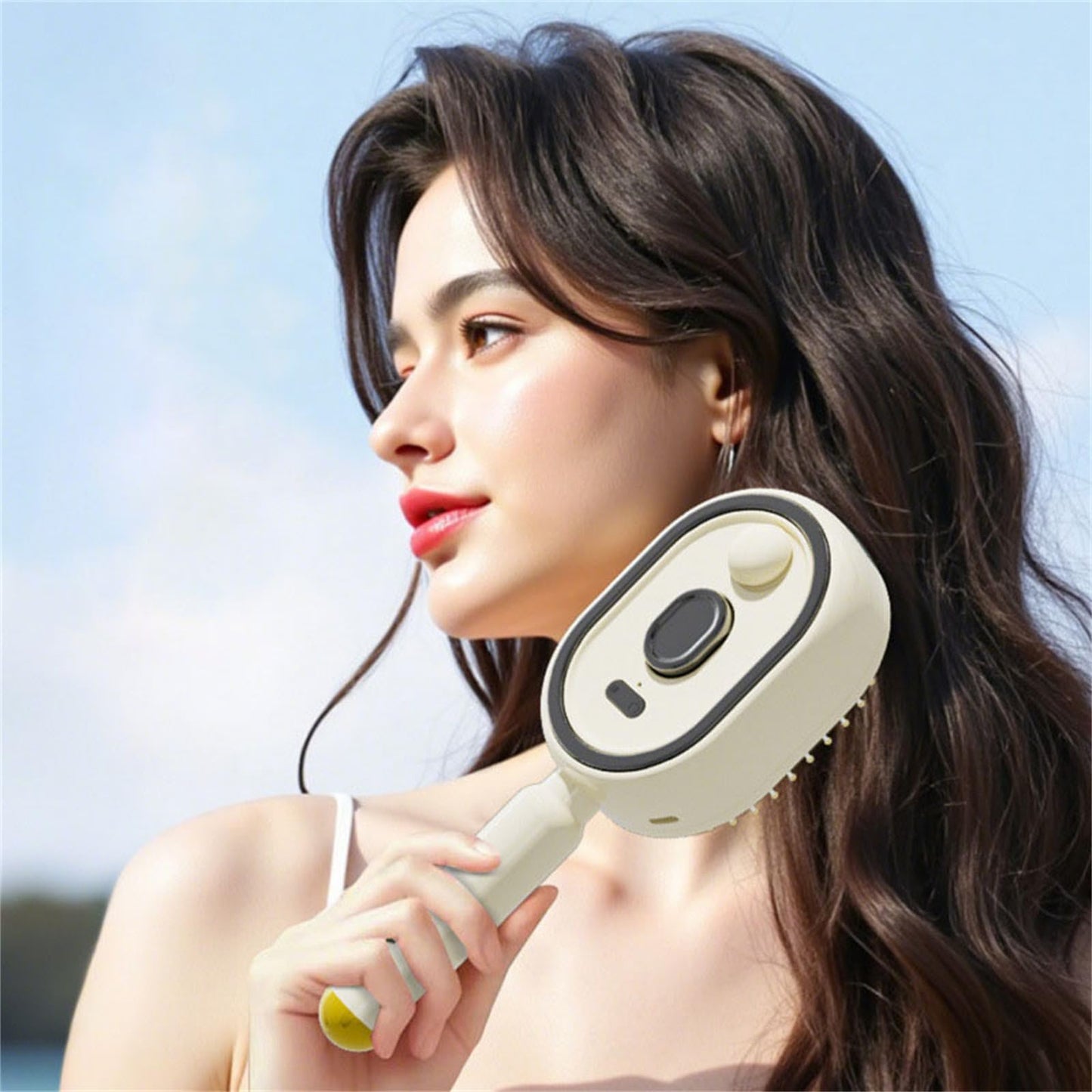 Electric Spray Air Cushion Massage Comb, 3-in-1 Electric Mist Spray Hair Brush, Self-Cleaning Anti-Tangle, Anti-Static for Frizzy Hair & Scalp Care (Beige)