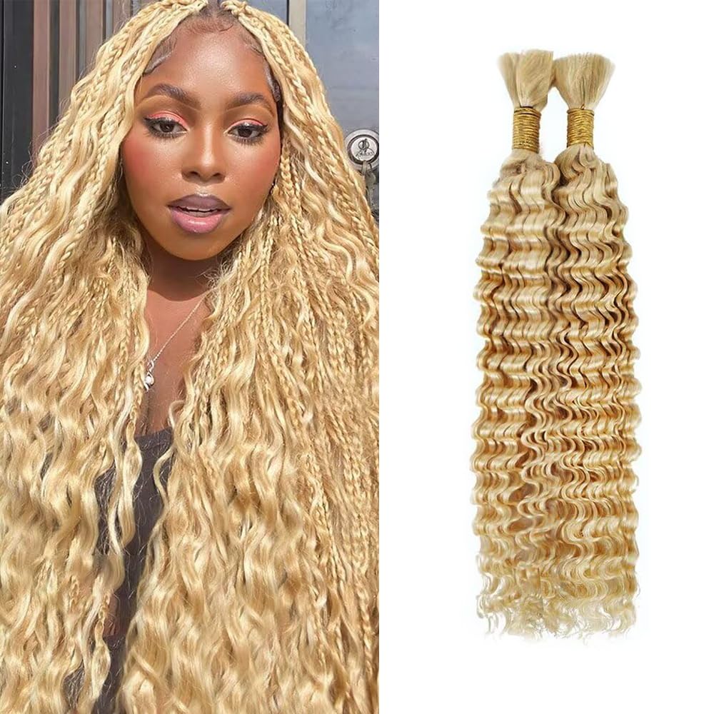 Blonde Human Braiding Hair 27/613 Boho Human Hair 613 Deep Wave Boho Bulk 24 24 Inch No Weft 2 Bohemian Braids 613 Wet and Wavy Bundles