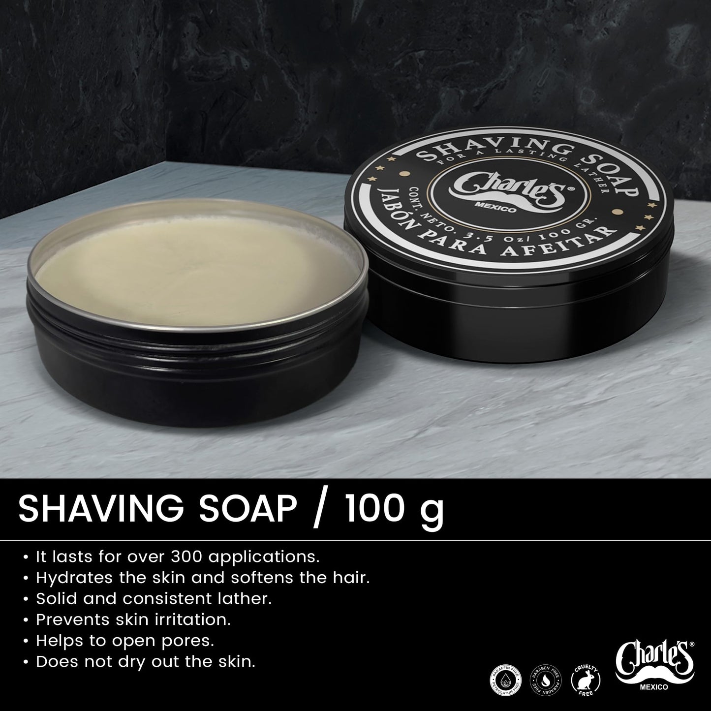 Charle's Premium Shaving Soap 3.5 Oz - With Menthol and Bergamot Fragrance - Consistent Foam - Biodegradable Ingredients - For 350 Applications