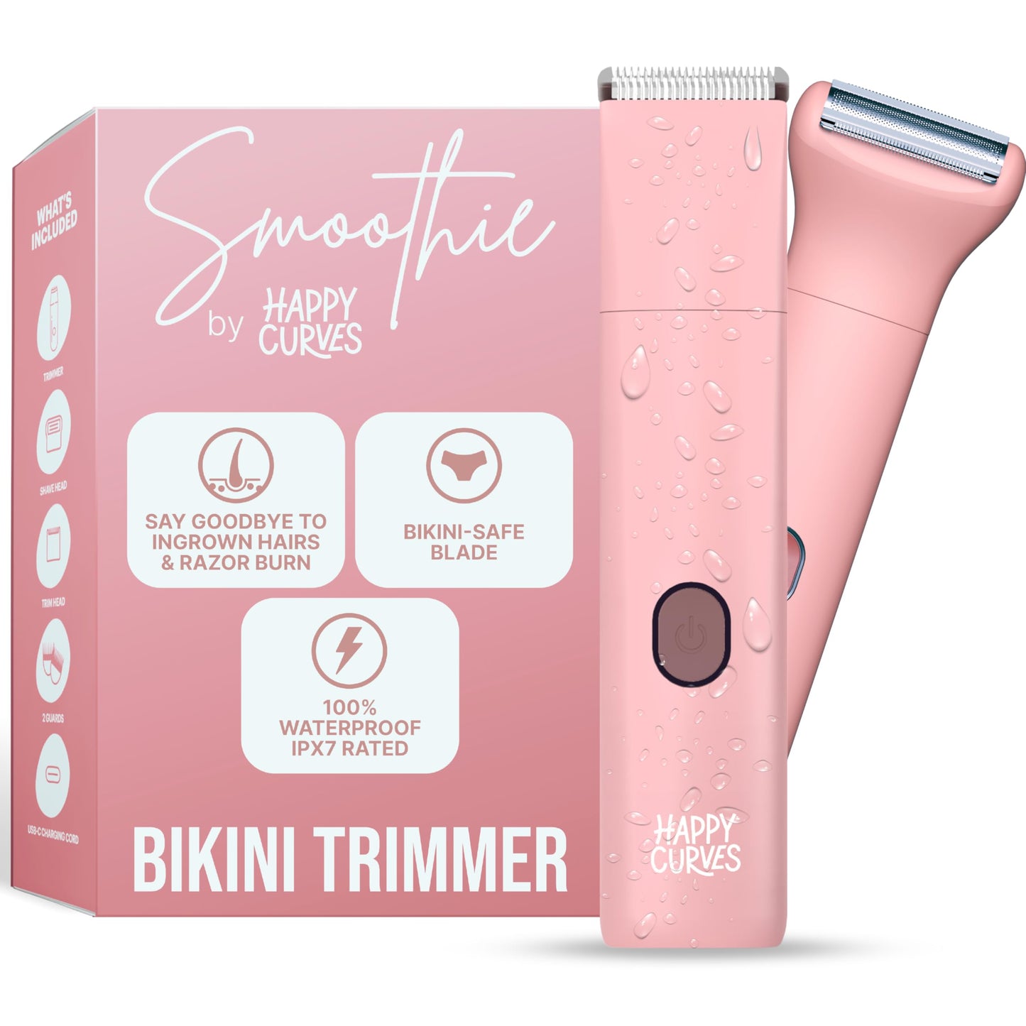 HAPPY CURVES Smoothie Bikini Trimmer - Electric Razor for Women, Waterproof Hair Groomer with Adjustable Guards, Personal Shaver for Pubic Hair, Ladies Intimate Shaver and Body Trimmer (Guava 1.0)