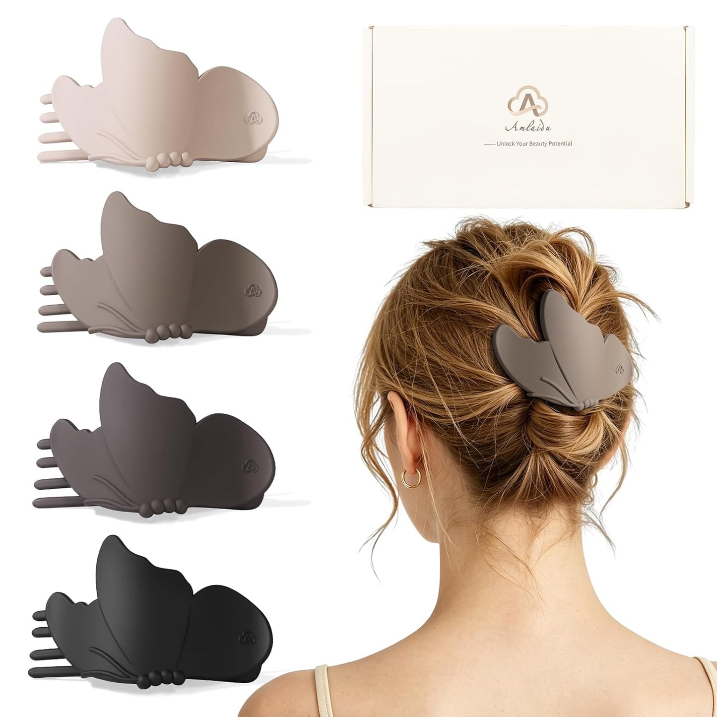 Large Flat Hair Clips for Thick & Thin Hair - Butterfly Claw Clips for Women | 4 Pcs in Beige, Brown & Black