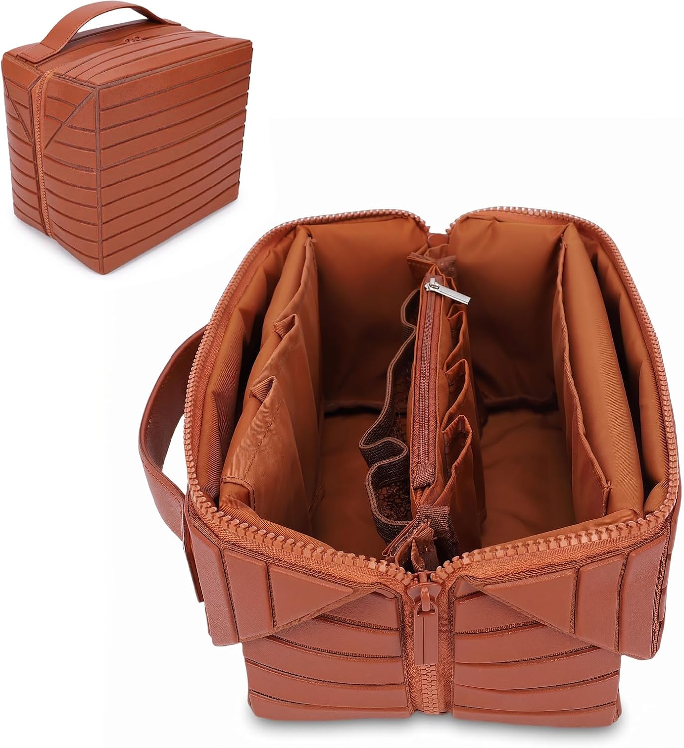 Travel Makeup Bag - Large Capacity Cosmetic Organizer for Women | Waterproof Soft PU Leather - Brown 22.5cm x 15cm