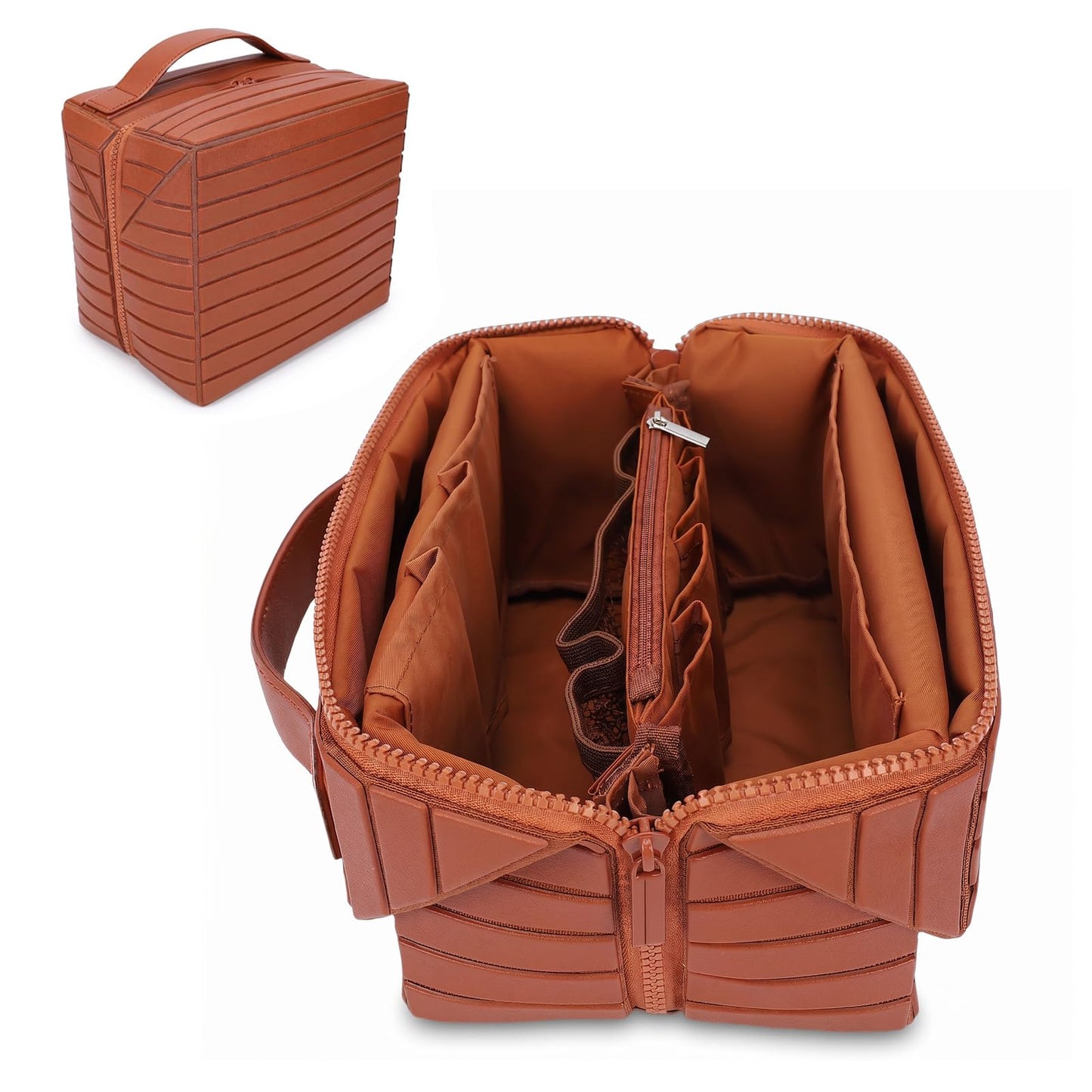 ciciglow Travel Makeup Bag, 22.5cm/8.86inch×15cm/5.91in Large Capacity Cosmetic Bags for Women, Fold Down Water Proof Toiletry Bag, Pull Open Design Soft PU Leather(Brown)