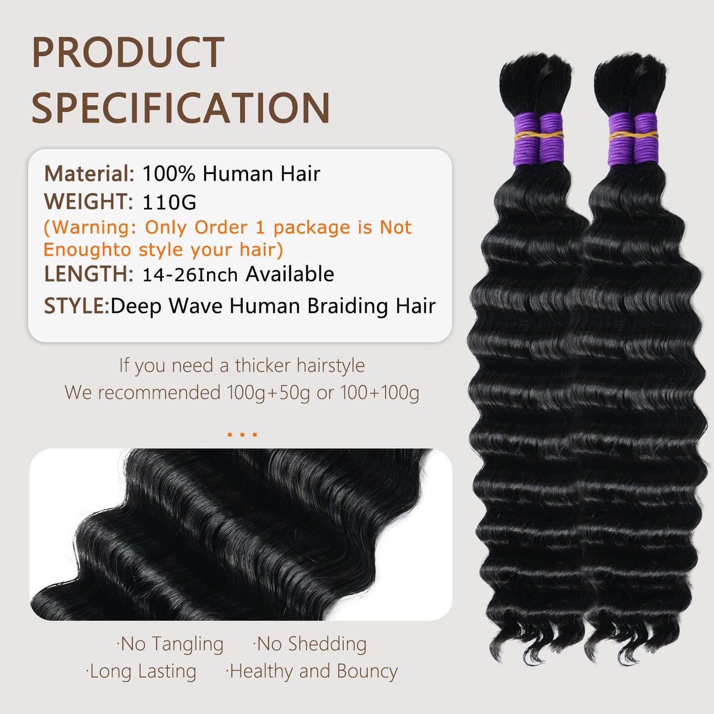 Human Braiding Hair for Boho Braids Deep Water Wave Bundles Hair Extensions Boho Hair for Braiding 12A 110g 2 Bundles/Pack Natural Color Pre-Stretched 18 Inch