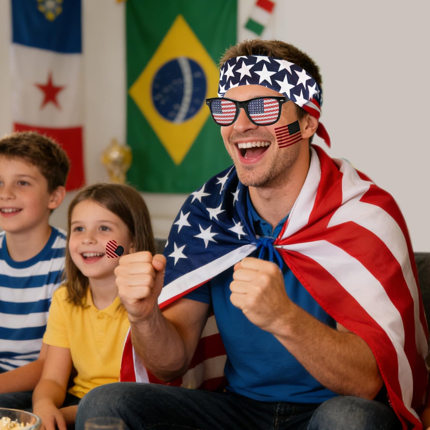 2026 Soccer Fan Flag Cape Set, National Cape Sunglasses Headband Tattoos, Flag Costume Cape for Match Day Party 4th of July(America)