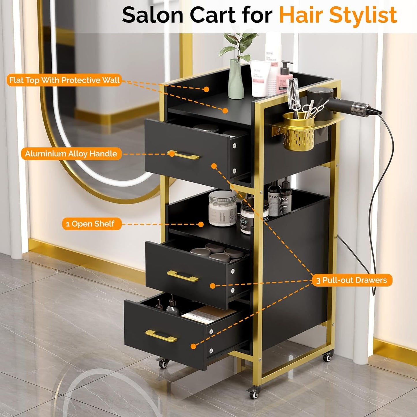 OmySalon Hair Styling Station Trolley Cart - Mobile Barber Storage with 3 Drawers & 2 Shelves | Black