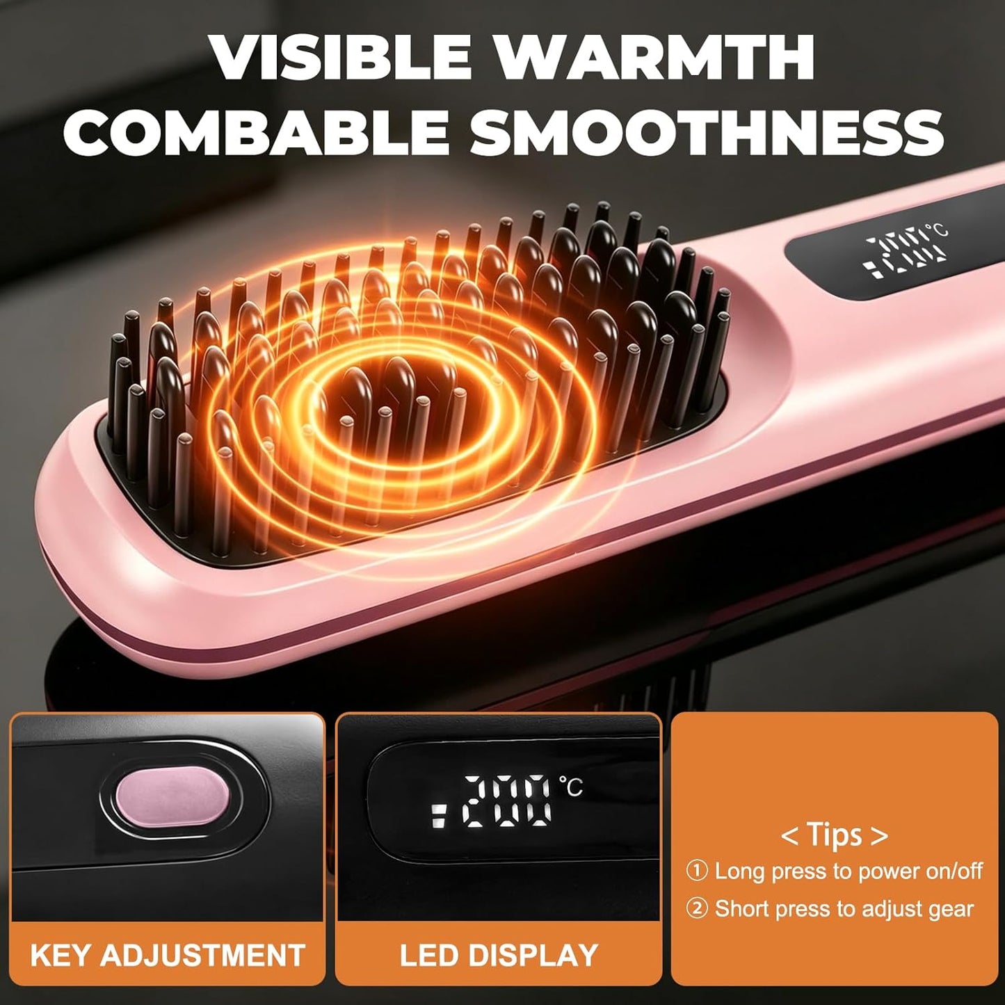 Cordless Hair Straightener Brush - Ionic Frizz-Free, Fast Heating 20s, 3200mAh USB-C | Portable for Travel