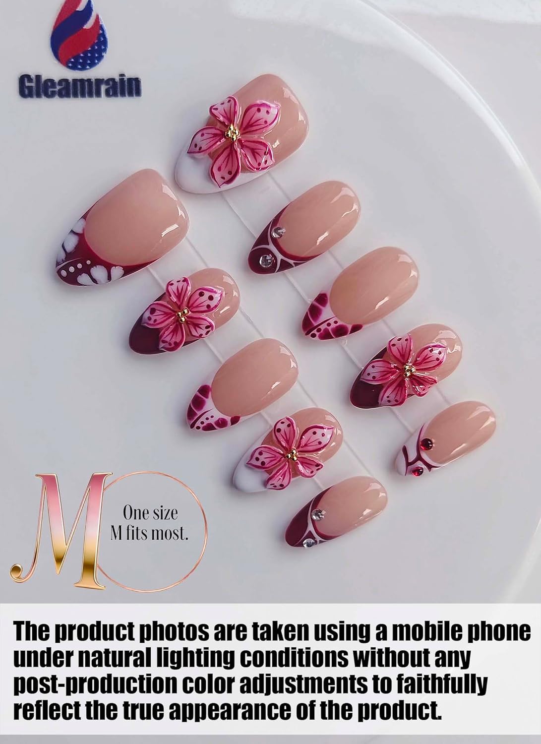 Luxury Handmade Almond Shape Press-On Nails | French Tip & 3D Flower Design - Nude Base, 10pcs for Spring & Daily Use
