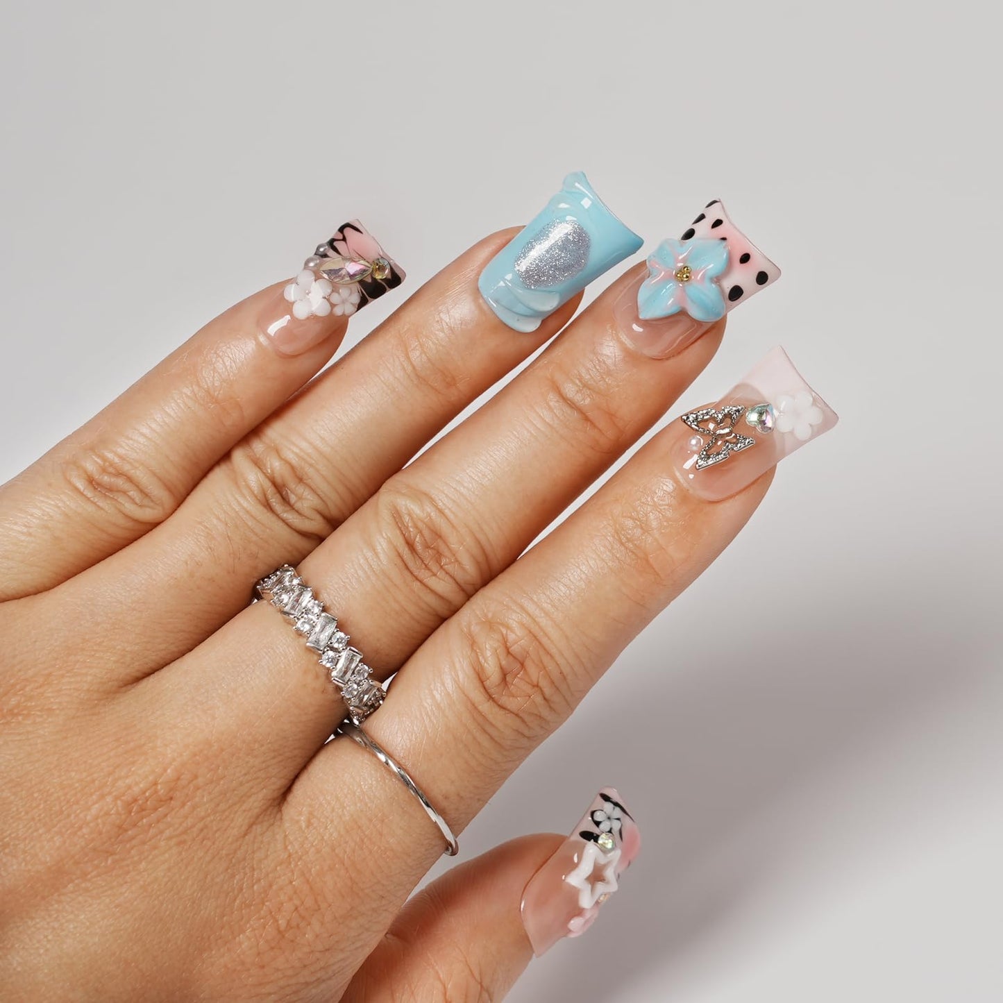 Tesytto Short Duck Press on Nails - 3D Floral Metallic Butterflies False Nails with Pink French Tip & Leopard Print, Pearls Star Luxury Design, Summer Reusable Acrylic Nails (Dance Passion,S)