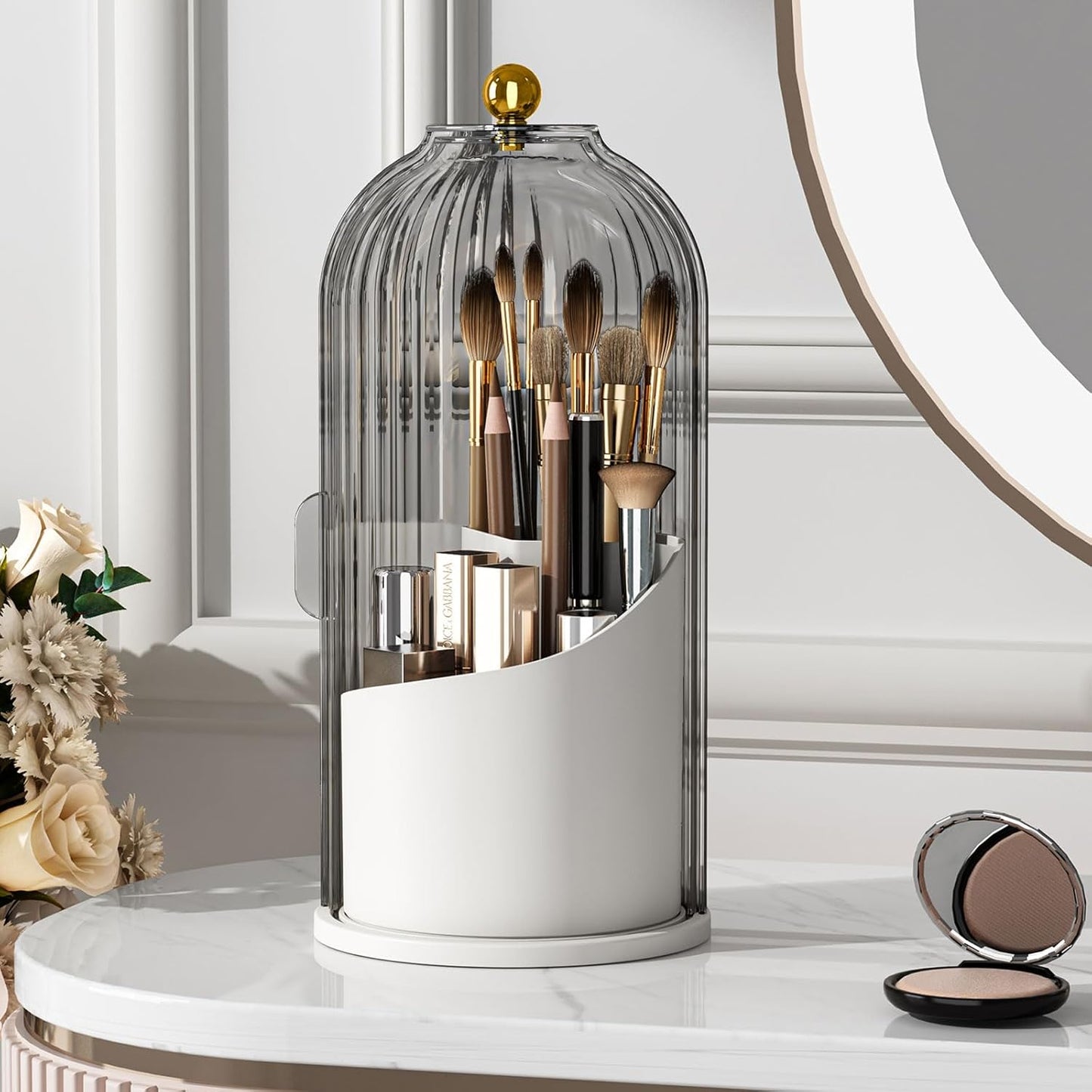 Makeup Brush Holder - 360 Rotating Clear Organizer with Lid for Vanity & Bathroom Countertop | Dustproof Design