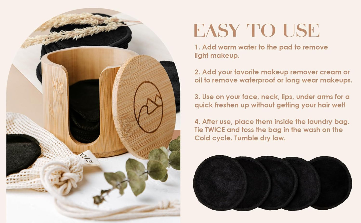 Reusable Makeup Remover Pads - Eco-Friendly Bamboo Cotton Rounds for Sensitive Skin | Washable Set with Holder