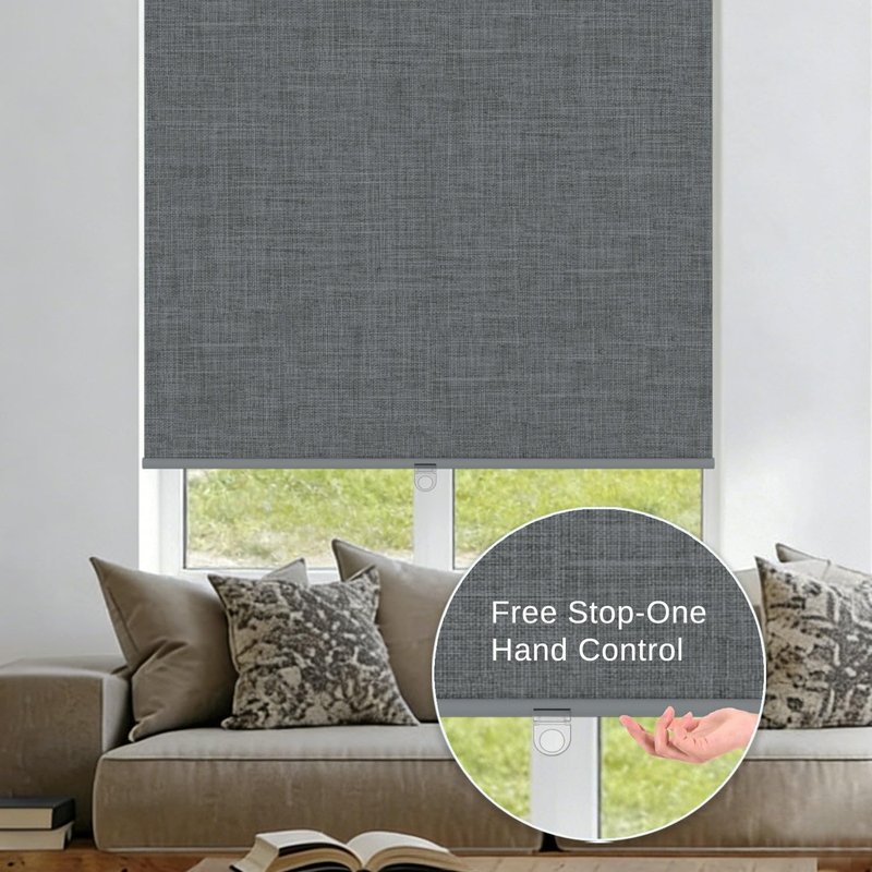Blindify 100% Blackout Roller Shades, Free-Stop Cordless Roller Blinds for Windows, Thermal Insulated Linen Fabric Window Shades UV Protection for Home, Door, Grey, 37" W x 72" H