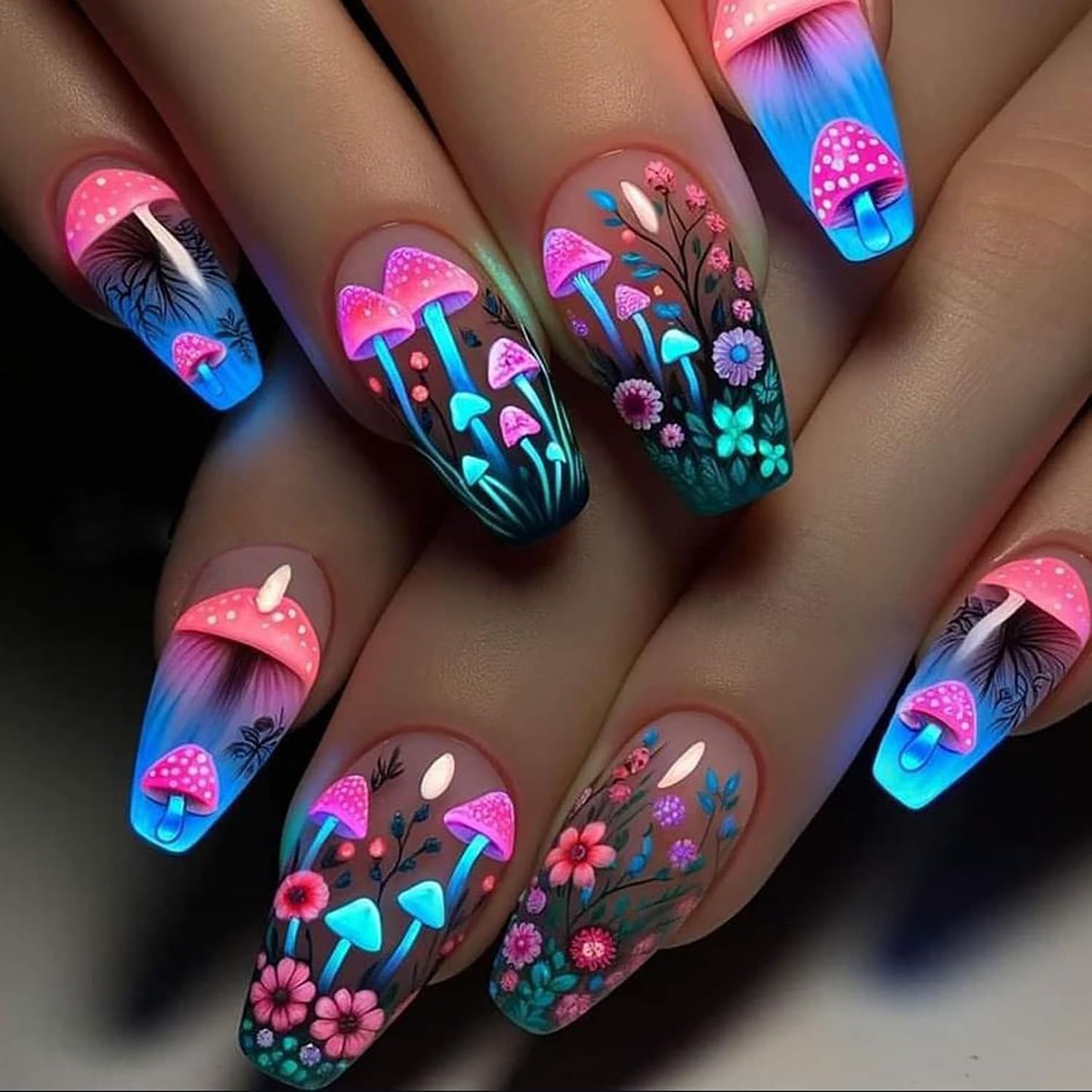 Mushroom Press-On Nails - Medium Flower Fantasy Design | Glossy Full Cover Ballet Shaped Fake Nails for Women