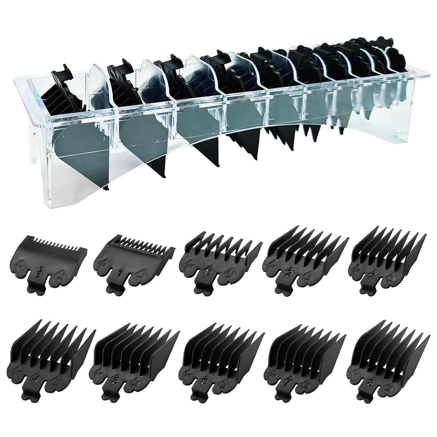 10 Piece Clipper Guards Set - Replacement Guides for Wahl & Babyliss FX870 | Black (1/16" to 1") with Organizer
