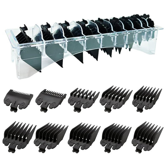 10 Piece Clipper Guards Set - Replacement Guides for Wahl & Babyliss FX870 | Black (1/16" to 1") with Organizer