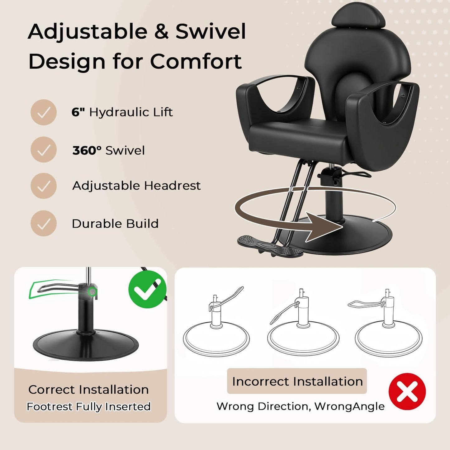 Reclining Salon Barber Chair - 360° Swivel, Adjustable Height, Heavy Duty Hydraulic | Matte Black