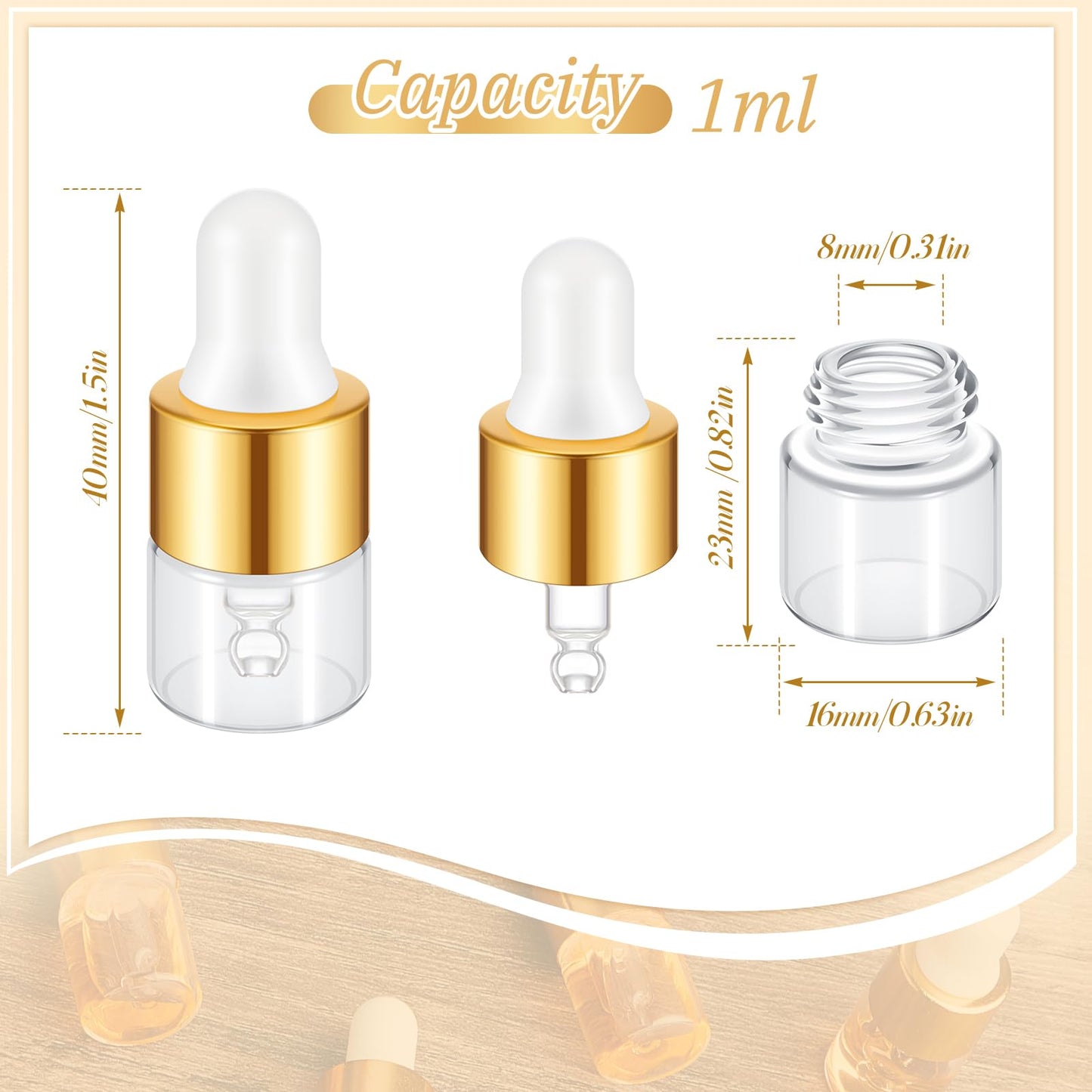 Didaey 12 Pcs 1/2/3/5/10/15 ml Mini Glass Oil Dropper Bottle Bulk, Clear Essential Small Empty Bottles Sample Containers Perfume Liquid Vials with Cap for Traveling (1 ml,Champagne Gold)