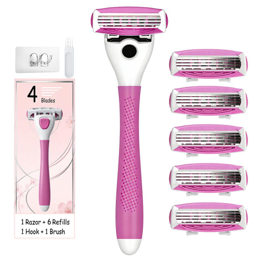 FYNEDGE Women's Safety Razor with 6 Replacement Blade Refills- 4 Blade Razors for Women, 1 Pink Handle Rubber Grip, 45° Pivoting Head, Lubricating Strip & Cleaning Brush for Smooth Shaving
