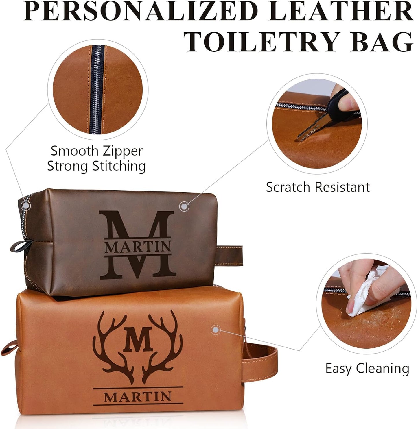 Personalized Leather Toiletry Bag - Engraved Name, Waterproof | Brown Travel Organizer for Men, Perfect Groomsmen Gift