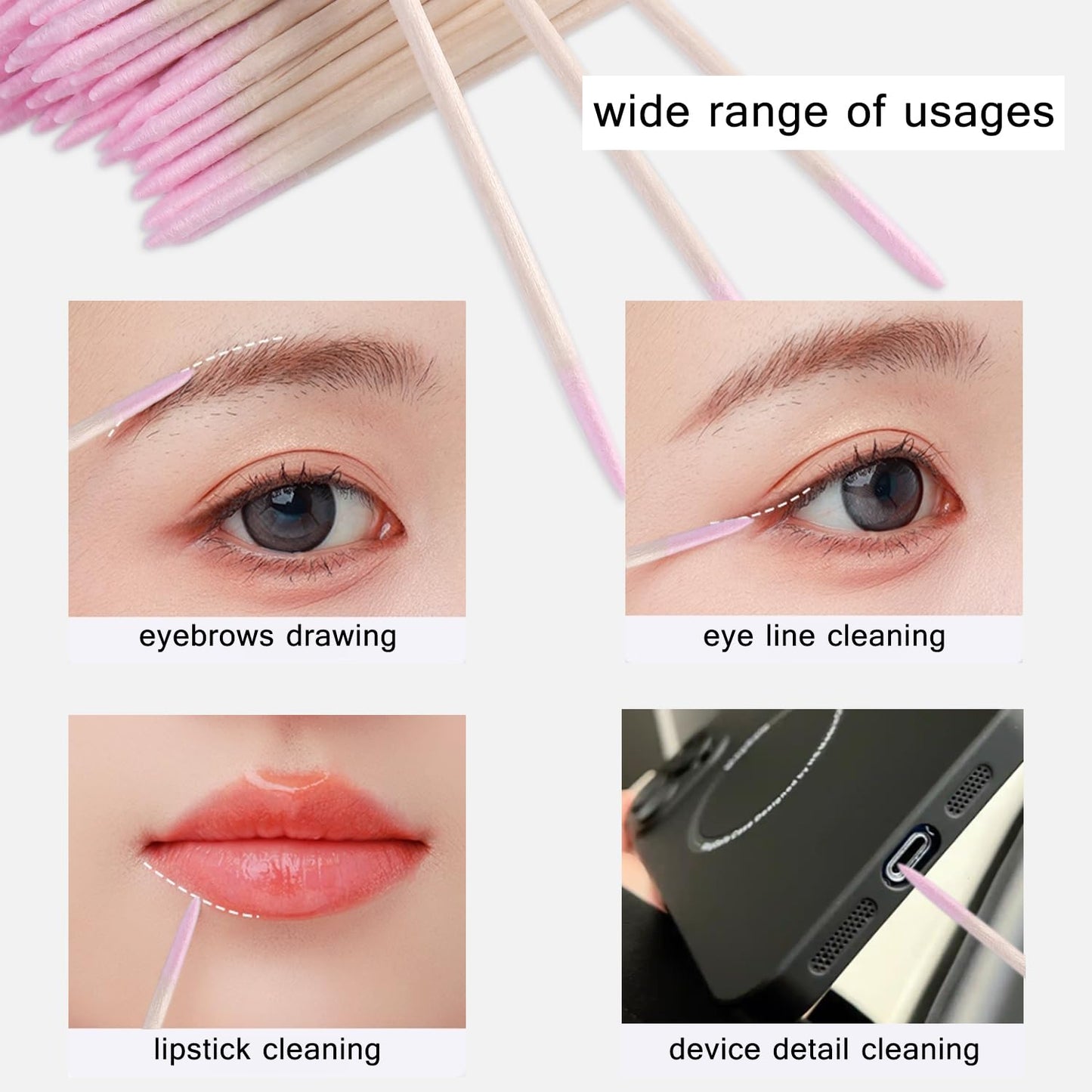 Pointed Tip Cotton Swabs - 200pcs Double-Head Microblading Applicators | Pink Wooden Sticks for Makeup & Nail Polish Removal